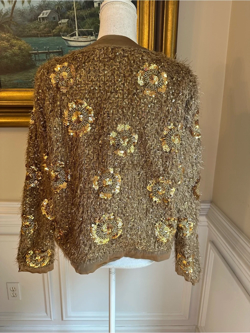 ZARA Brown Gold Fur Sequin Beaded Collarless Jacket